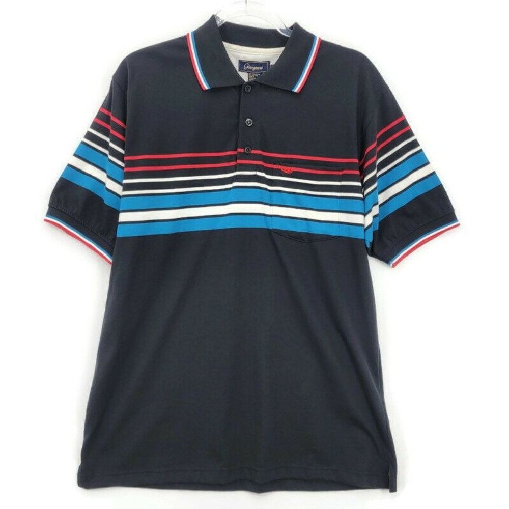 Giorginni Shirt Mens Large Black Red Blue Stripe Preppy Polo Retro 90s Golf 80s
